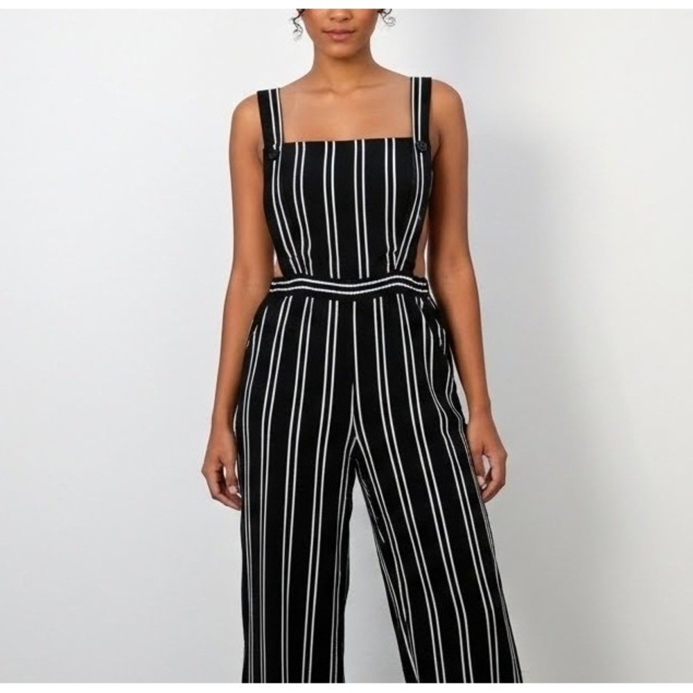 Black White Stripe Overalls Jumpsuit Wide Leg Cropped Women's Fashion
